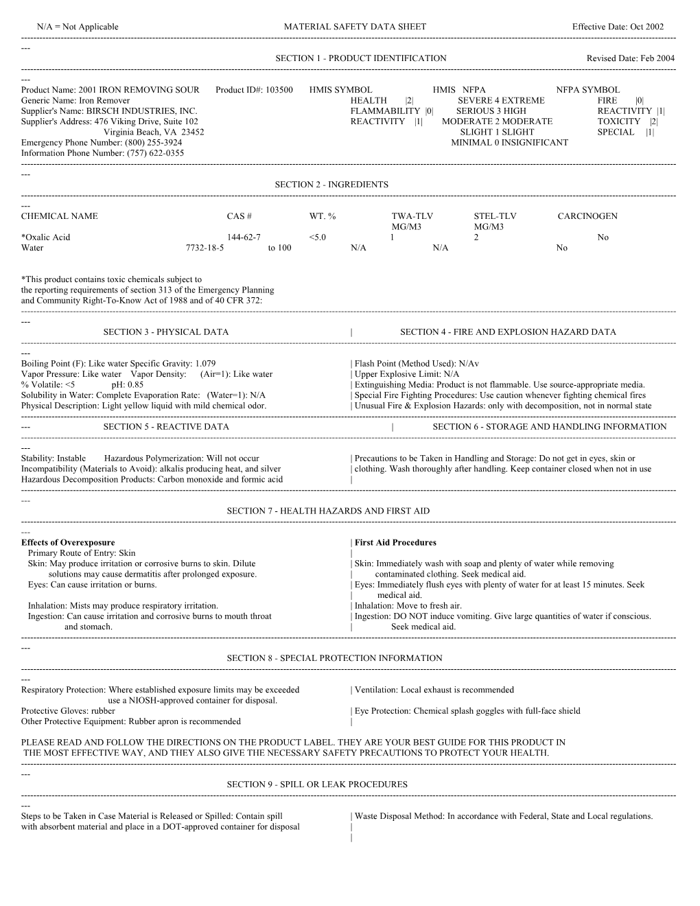 N/A = Not Applicable MATERIAL SAFETY DATA SHEET Effective Date: Oct 2002 s1