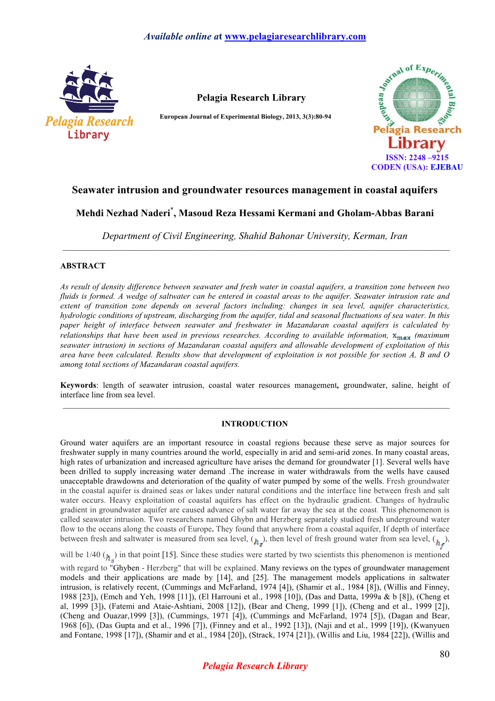 Seawater Intrusion and Groundwater Resources Management in Coastal Aquifers