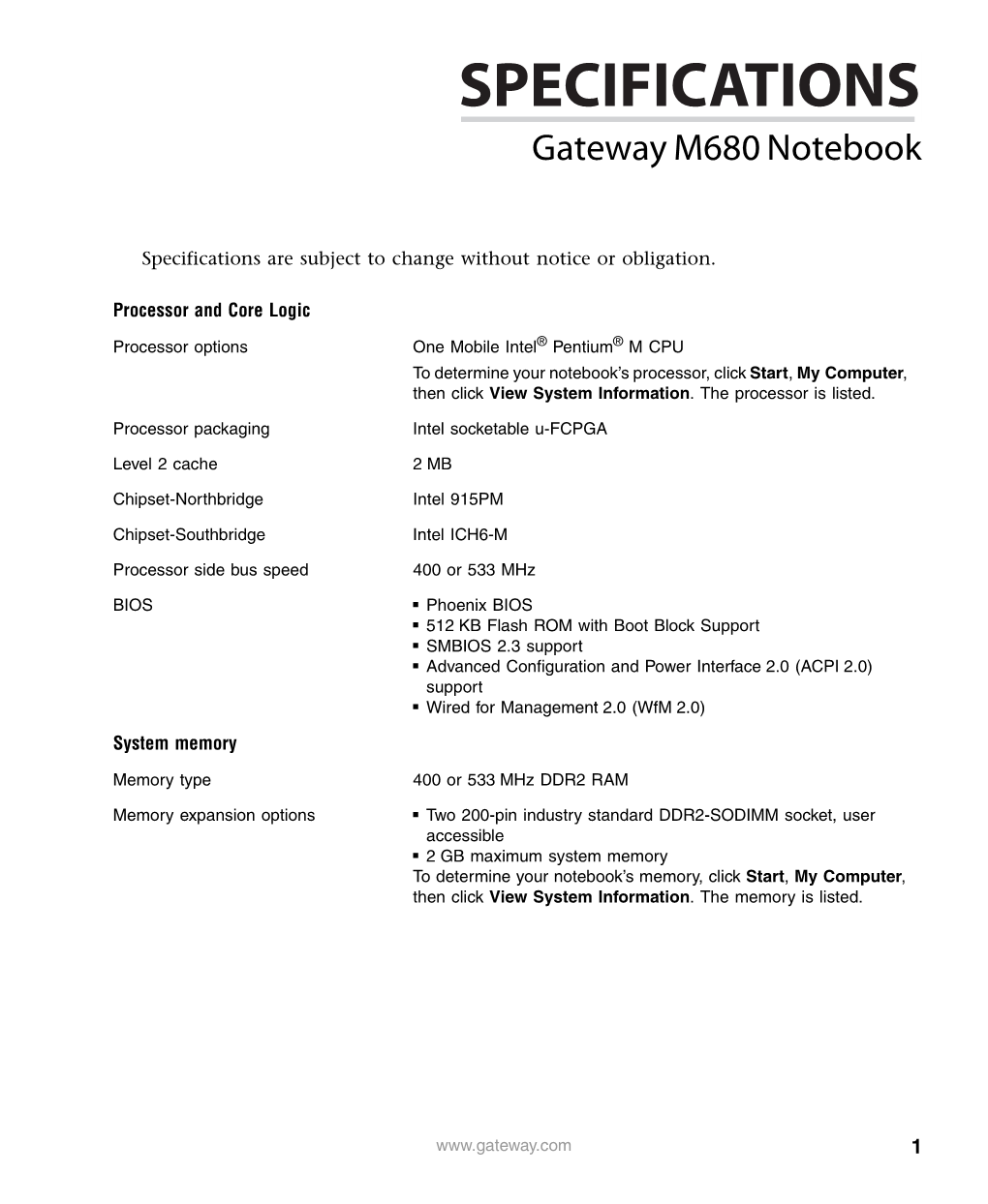 Gateway M680 Specifications