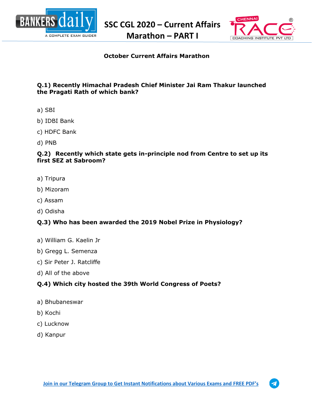 SSC CGL 2020 – Current Affairs Marathon – PART I