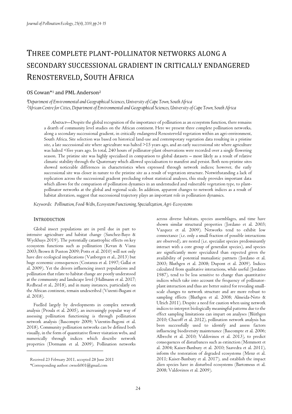 Three Complete Plant-Pollinator Networks Along a Secondary Successional Gradient in Critically Endangered Renosterveld, South Africa