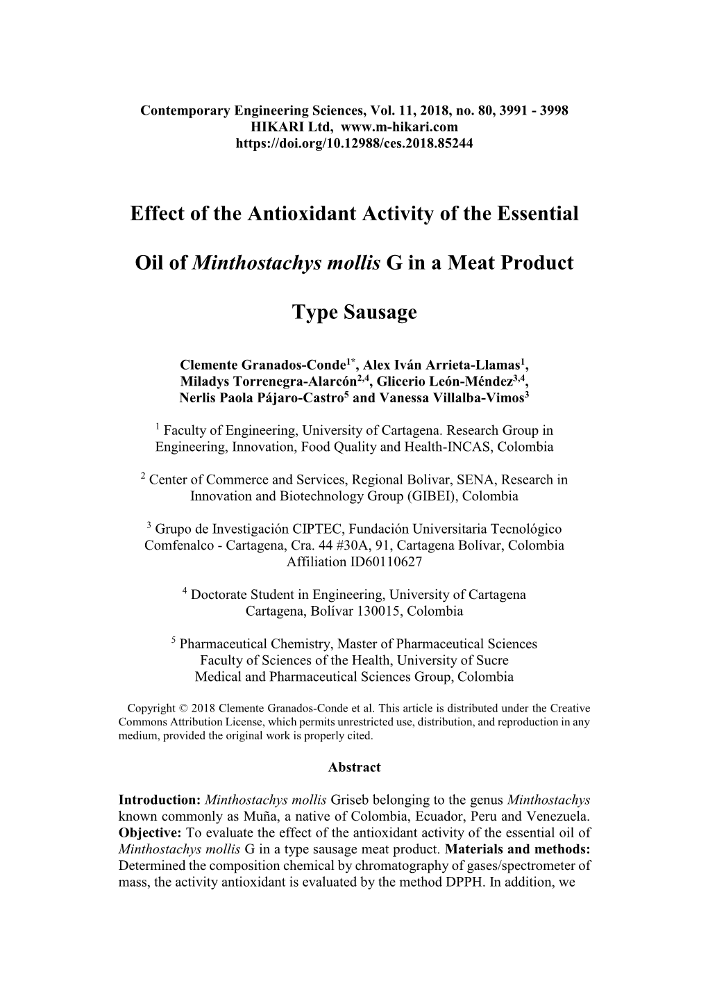 Effect of the Antioxidant Activity of the Essential Oil of Minthostachys Mollis G in a Type Sausage Meat Product