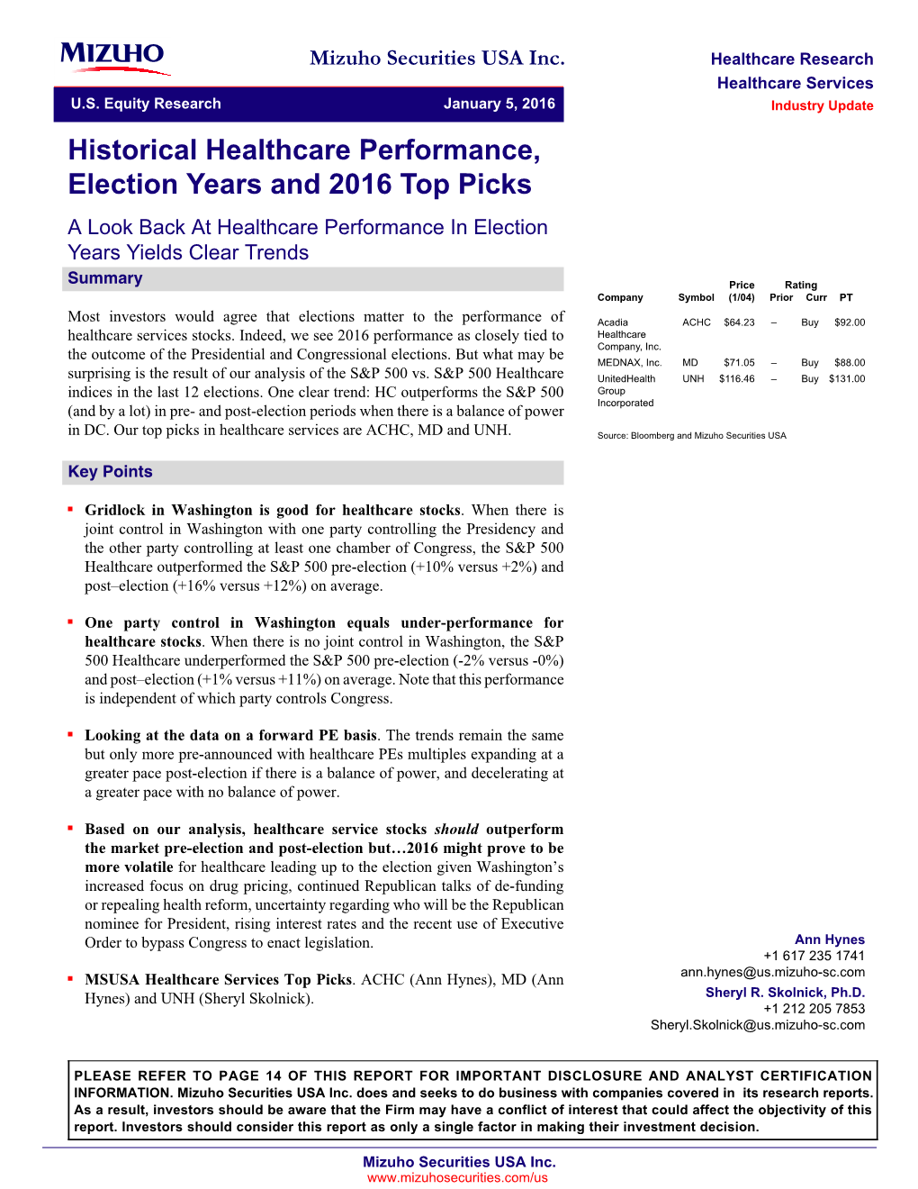 Historical Healthcare Performance, Election Years and 2016 Top Picks a Look Back at Healthcare Performance in Election