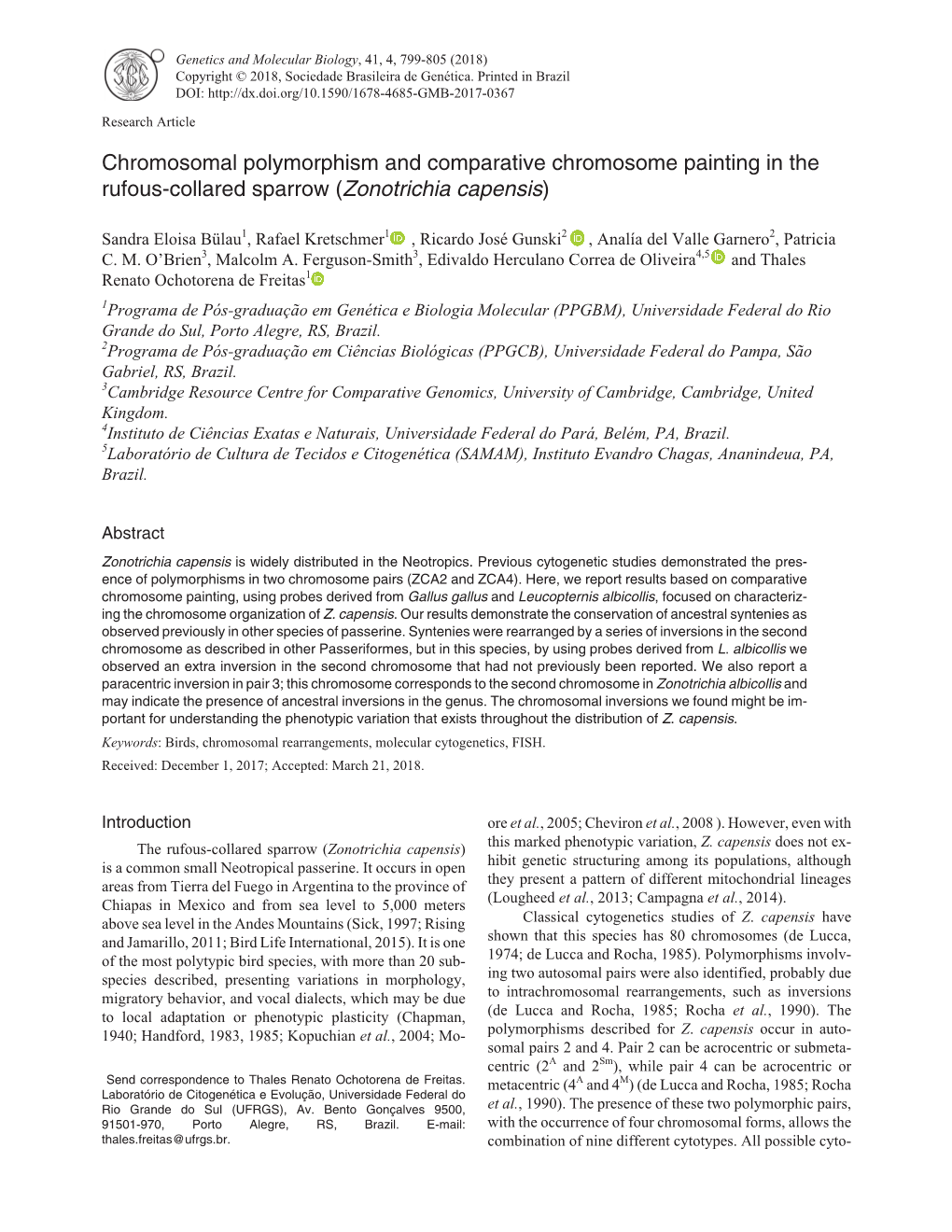 Chromosomal Polymorphism and Comparative Chromosome Painting in the Rufous-Collared Sparrow (Zonotrichia Capensis)