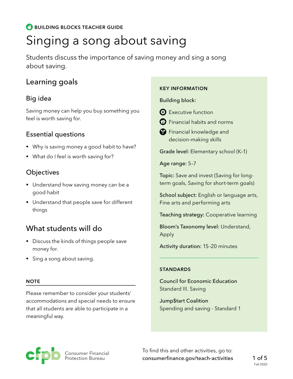 Singing a Song About Saving (Guide) Cfpb Building Block Activities Singing-Song-About-Saving Guide.Pdf § Song Lyrics (In This Guide)