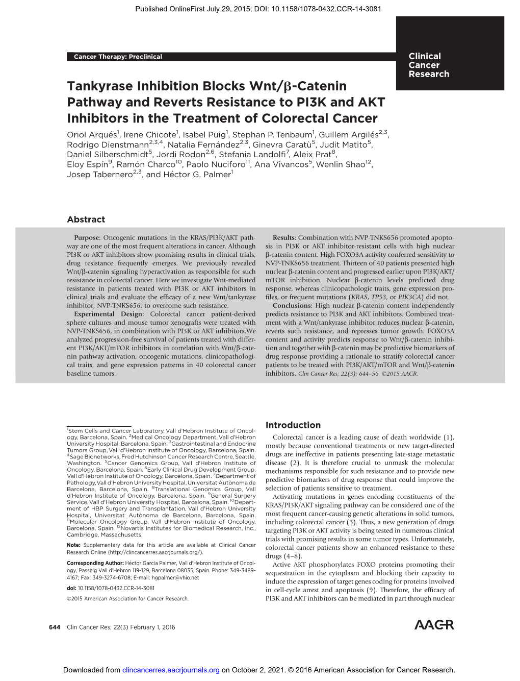 Tankyrase Inhibition Blocks Wnt/B-Catenin Pathway And