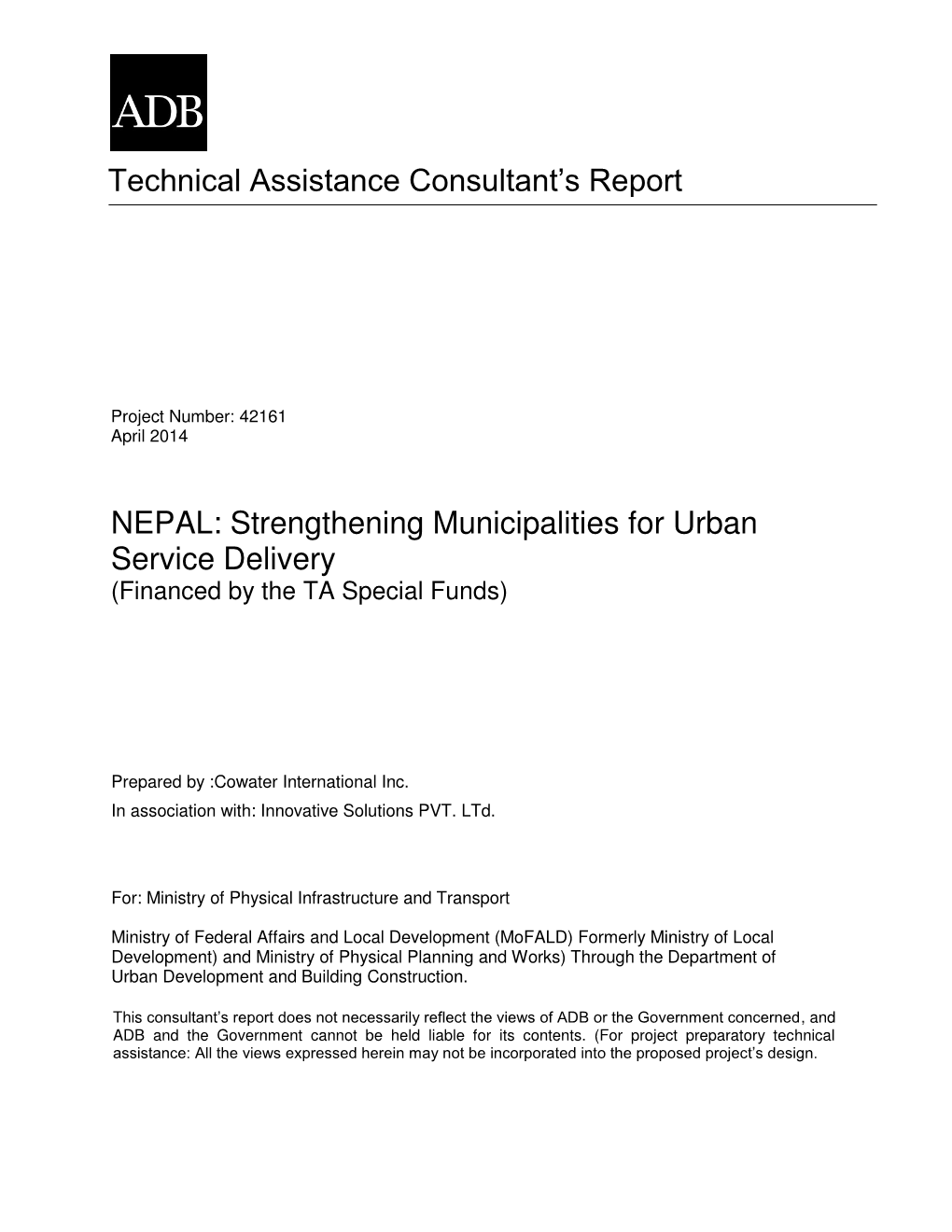 NEPAL: Strengthening Municipalities for Urban Service Delivery (Financed by the TA Special Funds)
