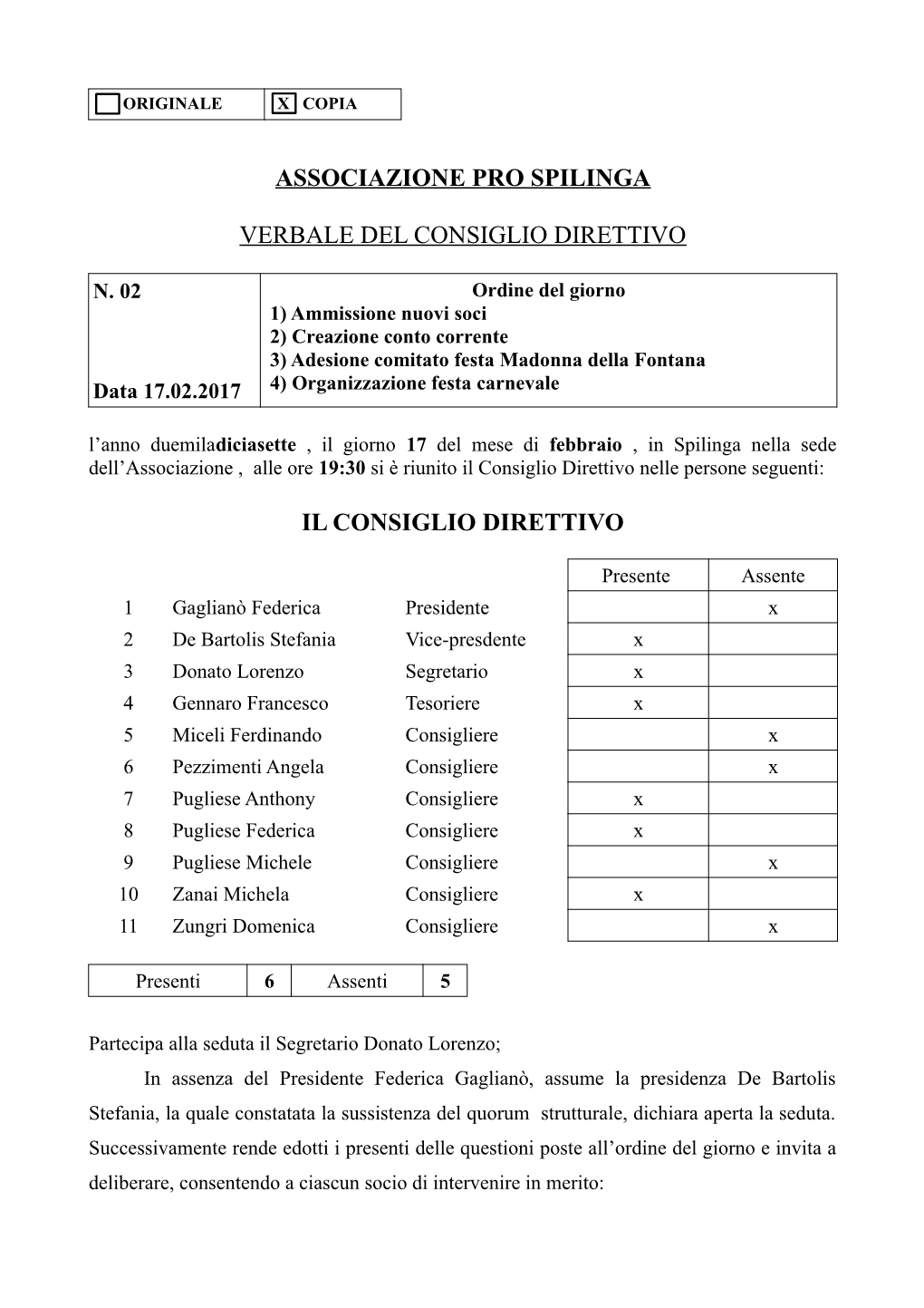 Associazione Pro Spilinga Verbale Del Consiglio