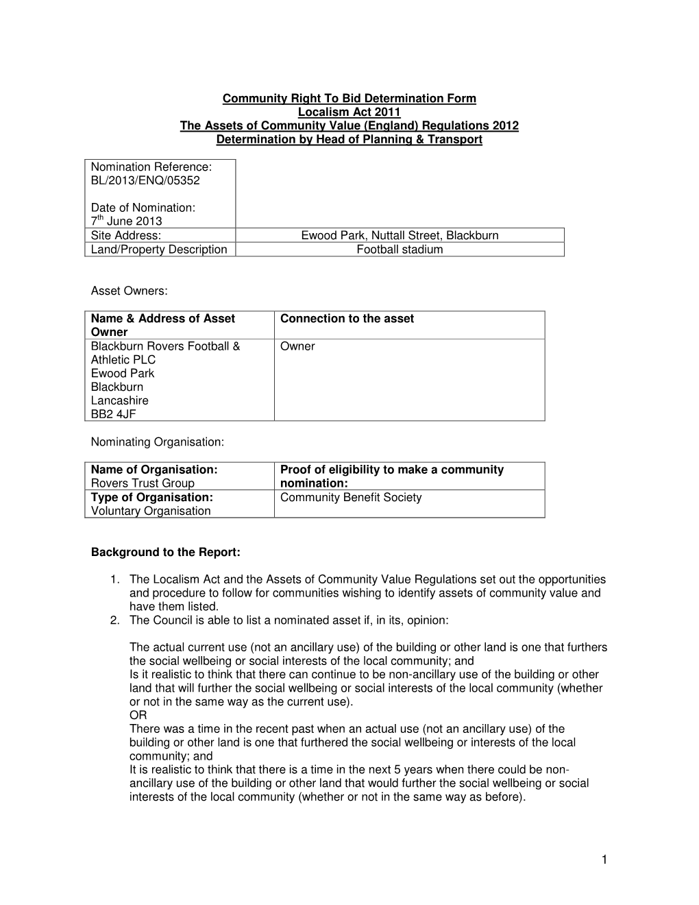 Ewood Park, Nuttall Street, Blackburn Land/Property Description Football Stadium