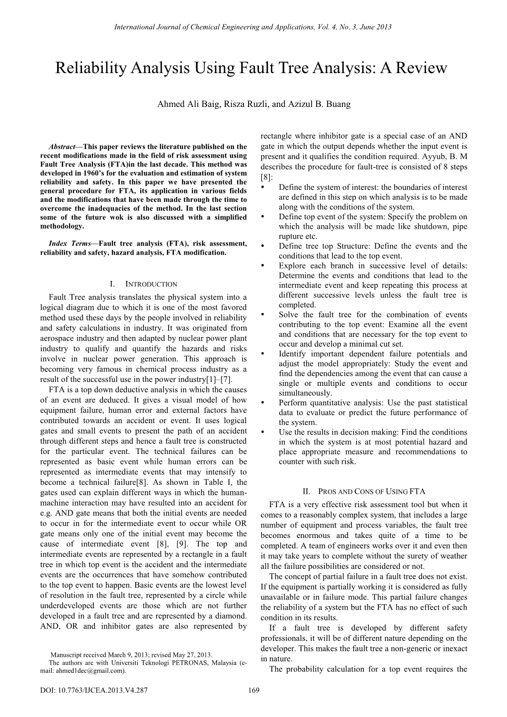 Reliability Analysis Using Fault Tree Analysis: a Review