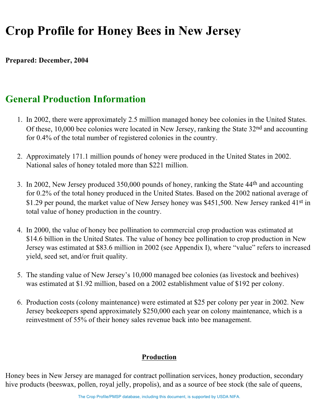 Crop Profile for Honey Bees in New Jersey