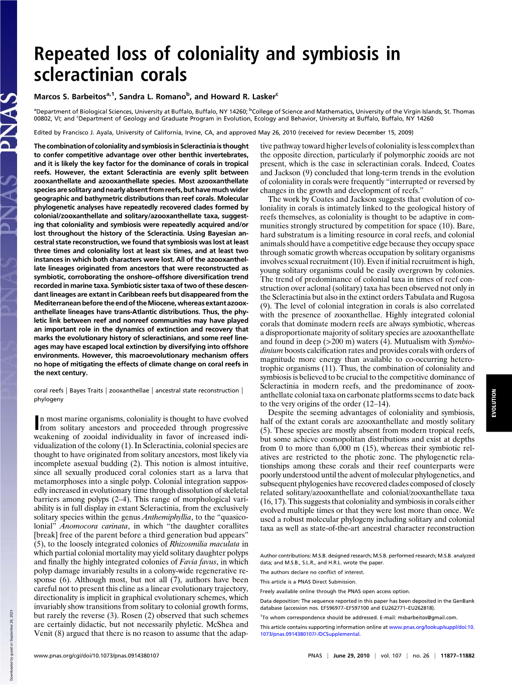 Repeated Loss of Coloniality and Symbiosis in Scleractinian Corals