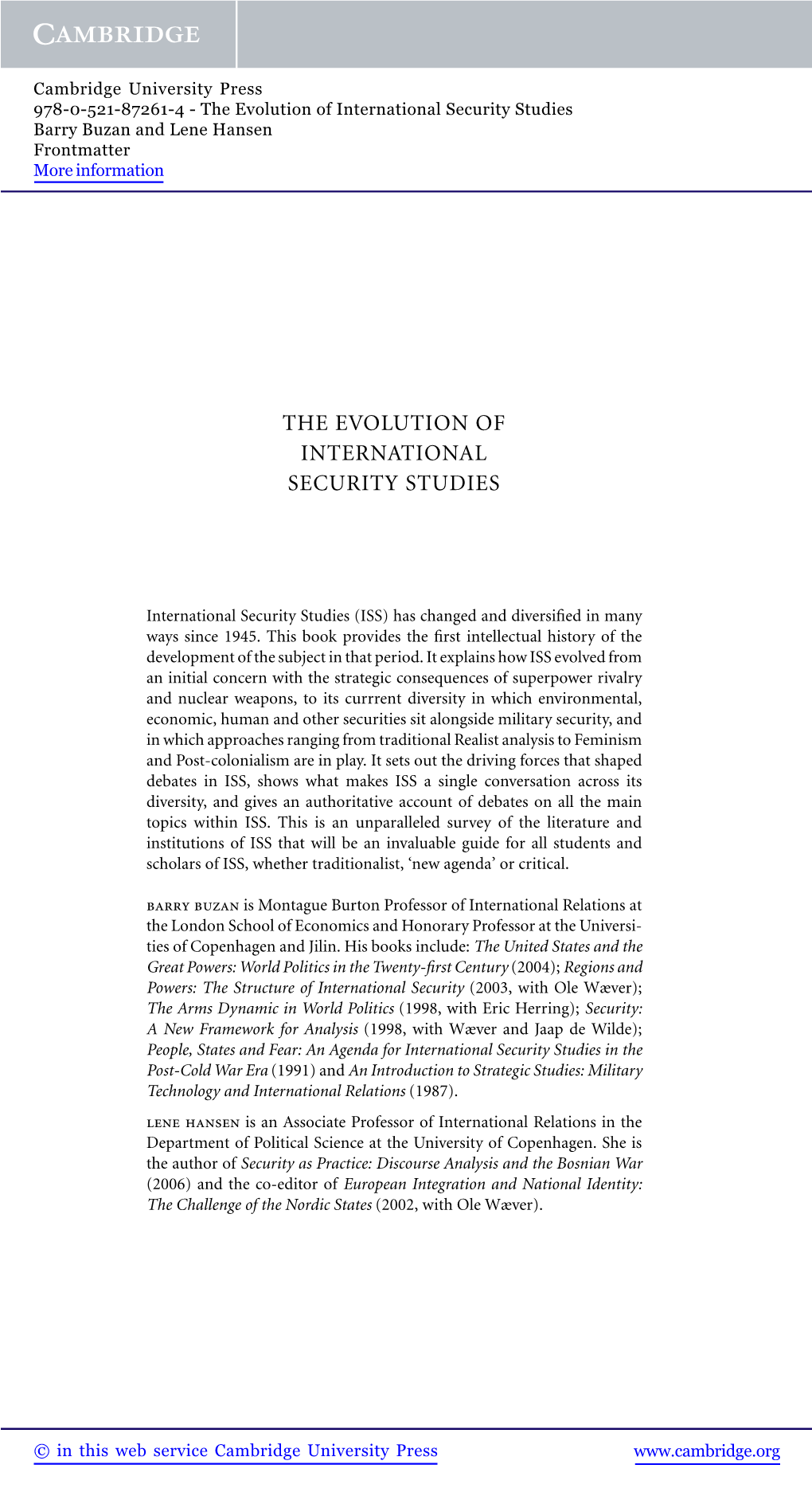 The Evolution of International Security Studies Barry Buzan and Lene Hansen Frontmatter More Information