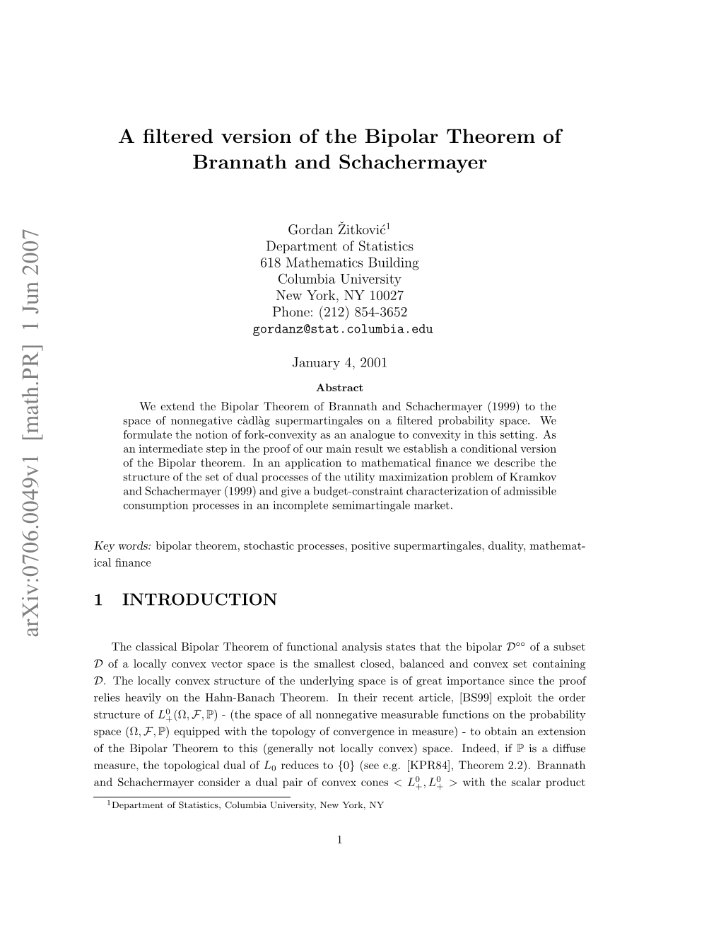 A Filtered Version of the Bipolar Theorem of Brannath And