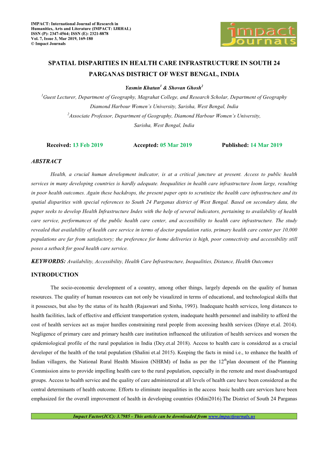 Spatial Disparities in Health Care Infrastructure in South 24 Parganas District of West Bengal, India