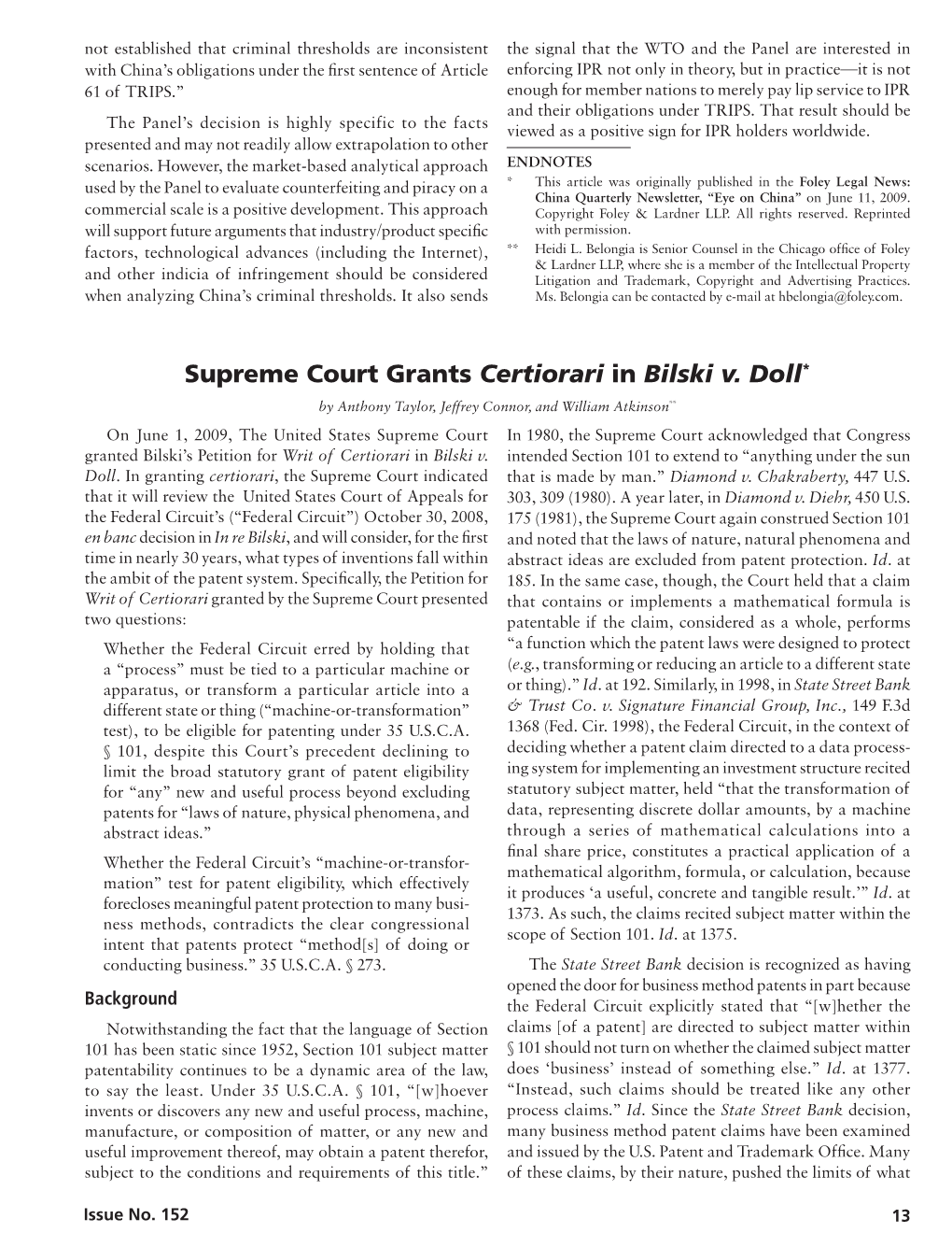 Supreme Court Grants Certiorari in Bilski V. Doll*