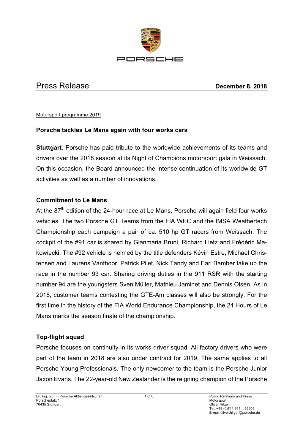 Press Release December 8, 2018