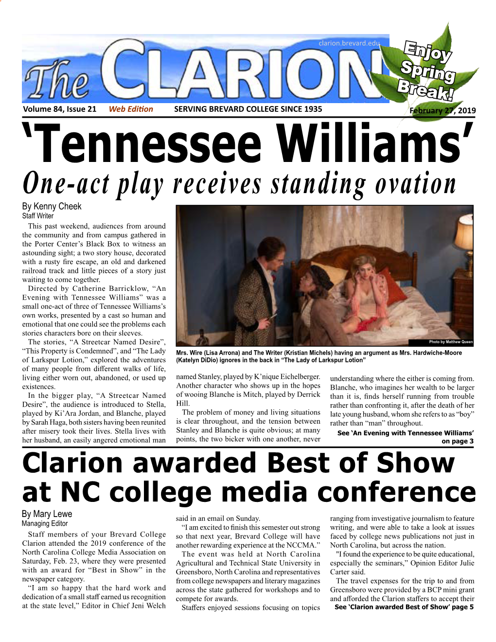 The Clarion, Vol. 84, Issue #21, Feb. 27, 2019