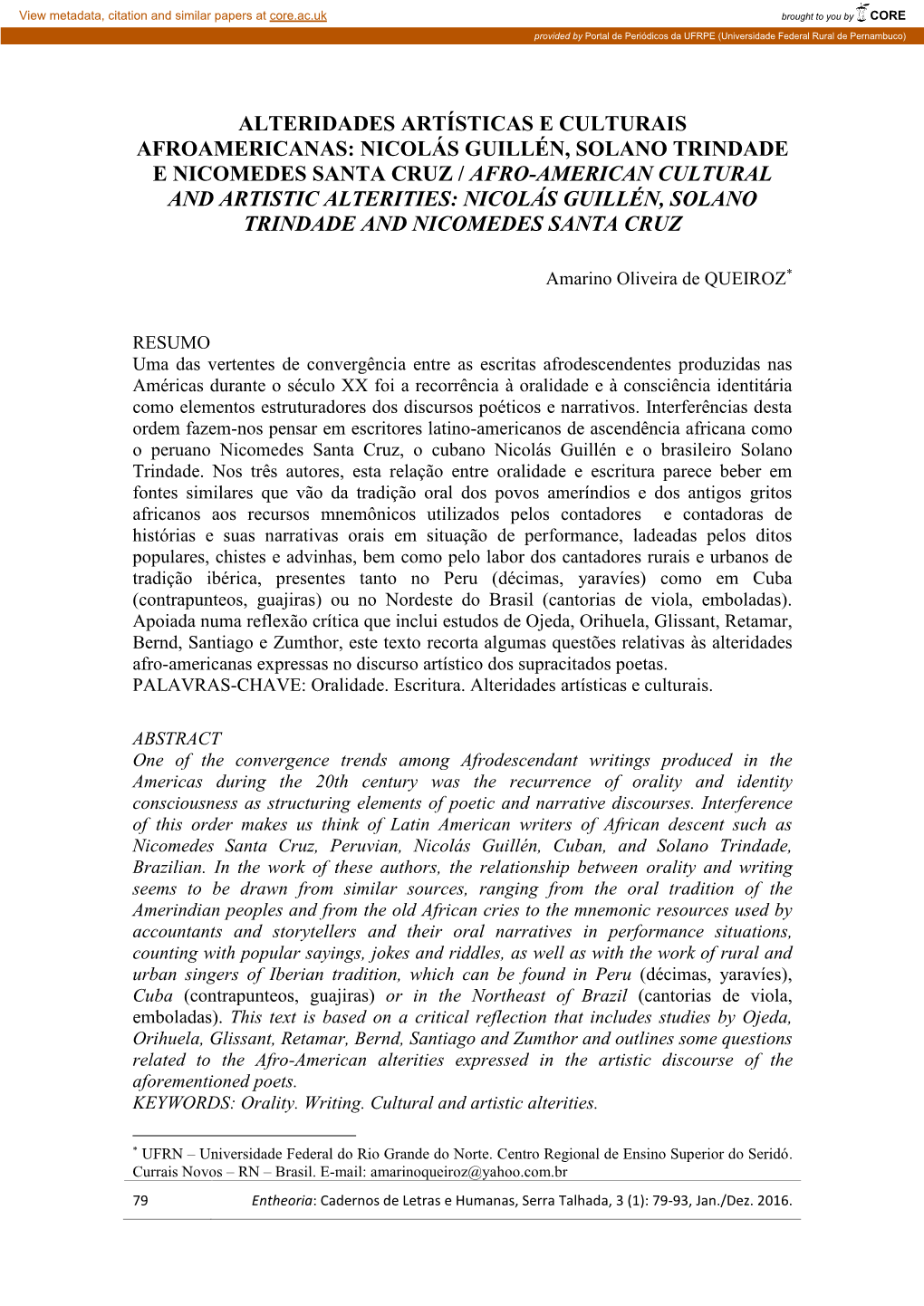 Nicolás Guillén, Solano Trindade E Nicomedes Santa Cruz / Afro-American Cultural and Artistic Alterities: Nicolás Guillén, Solano Trindade and Nicomedes Santa Cruz