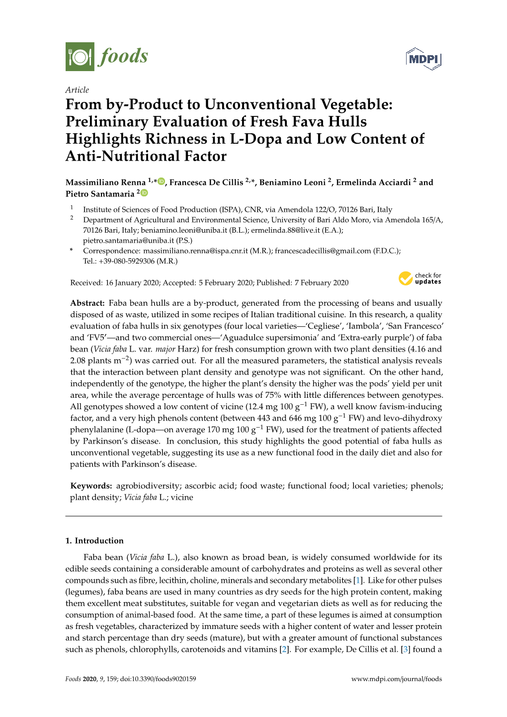 Preliminary Evaluation of Fresh Fava Hulls Highlights Richness in L-Dopa and Low Content of Anti-Nutritional Factor