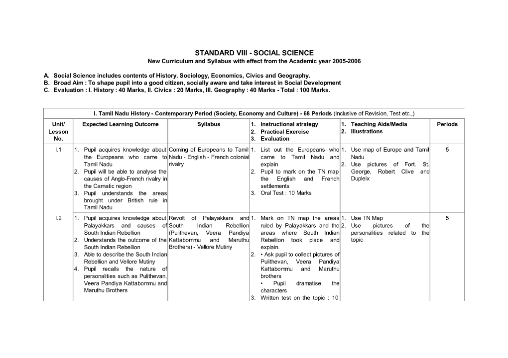 STANDARD VIII - SOCIAL SCIENCE New Curriculum and Syllabus with Effect from the Academic Year 2005-2006