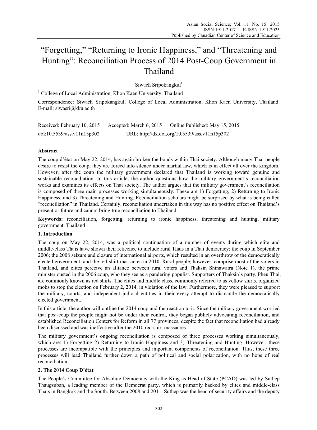 And “Threatening and Hunting”: Reconciliation Process of 2014 Post-Coup Government in Thailand