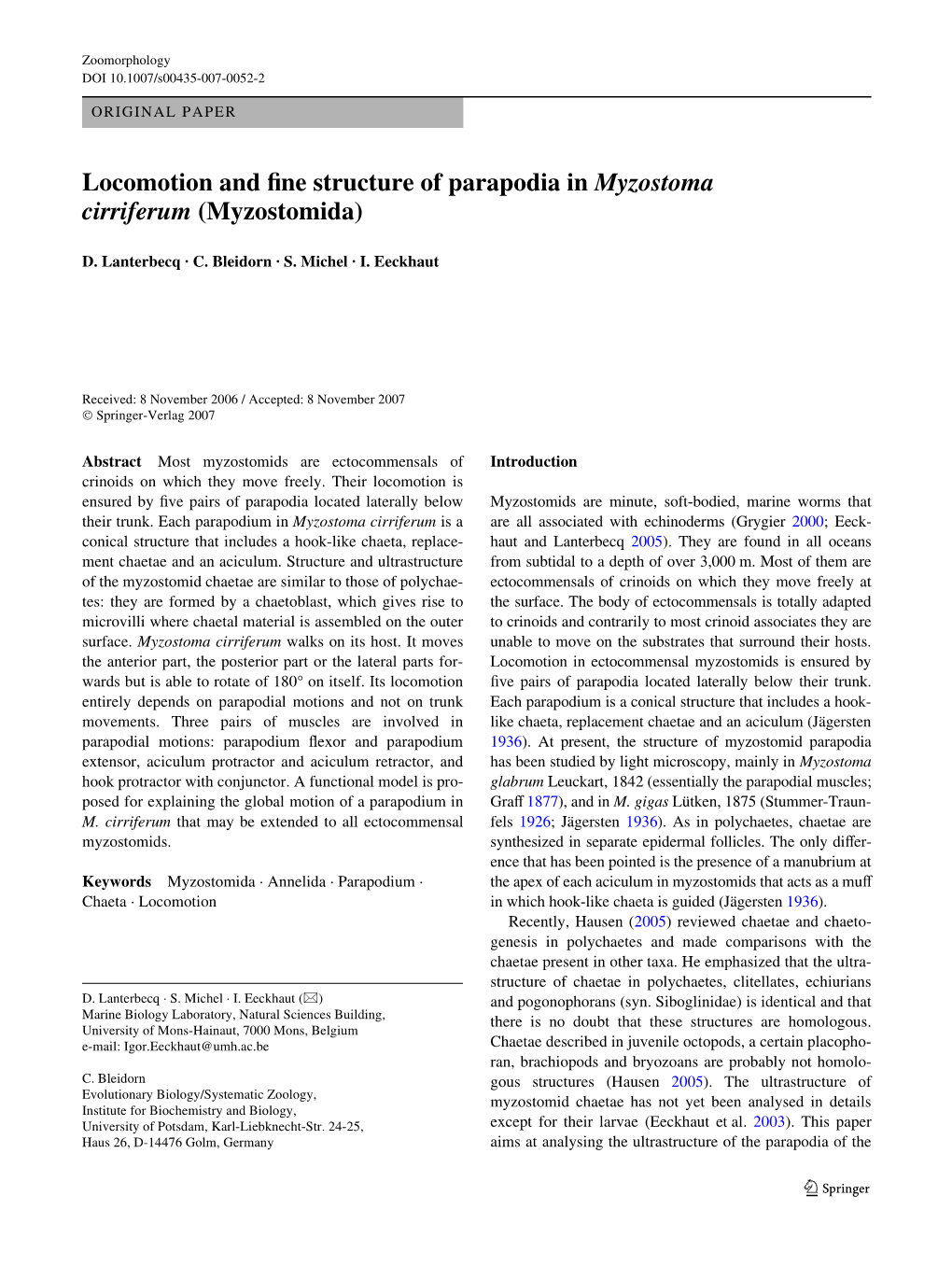 Locomotion and Wne Structure of Parapodia in Myzostoma Cirriferum (Myzostomida)