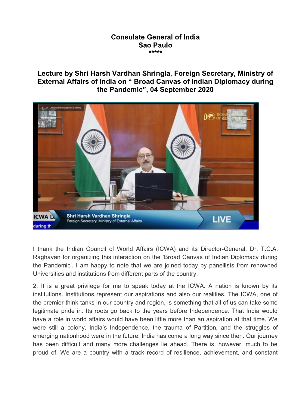 Lecture by Shri Harsh Vardhan Shringla, Foreign Secretary, Ministry of External Affairs of India On