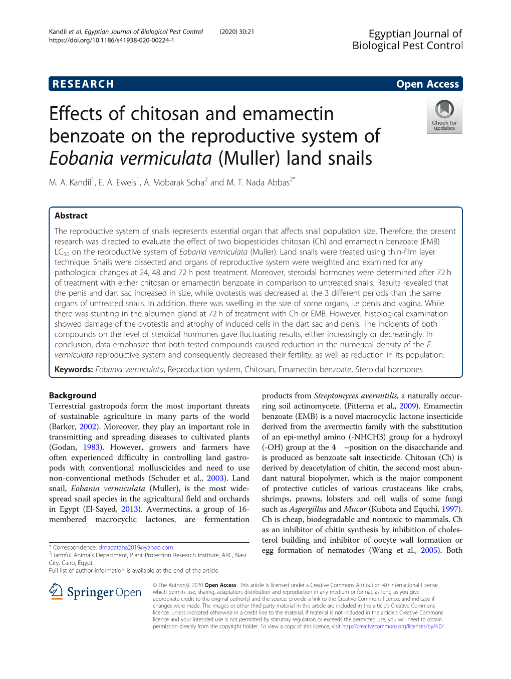 Effects of Chitosan and Emamectin Benzoate on the Reproductive System of Eobania Vermiculata (Muller) Land Snails M