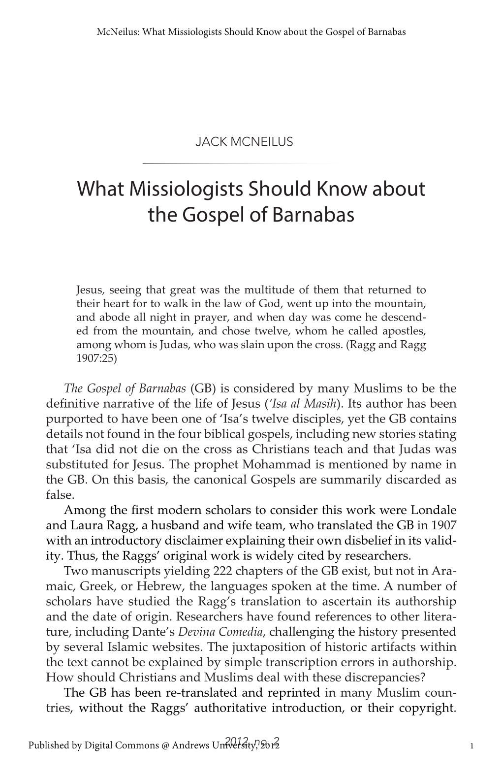 What Missiologists Should Know About the Gospel of Barnabas