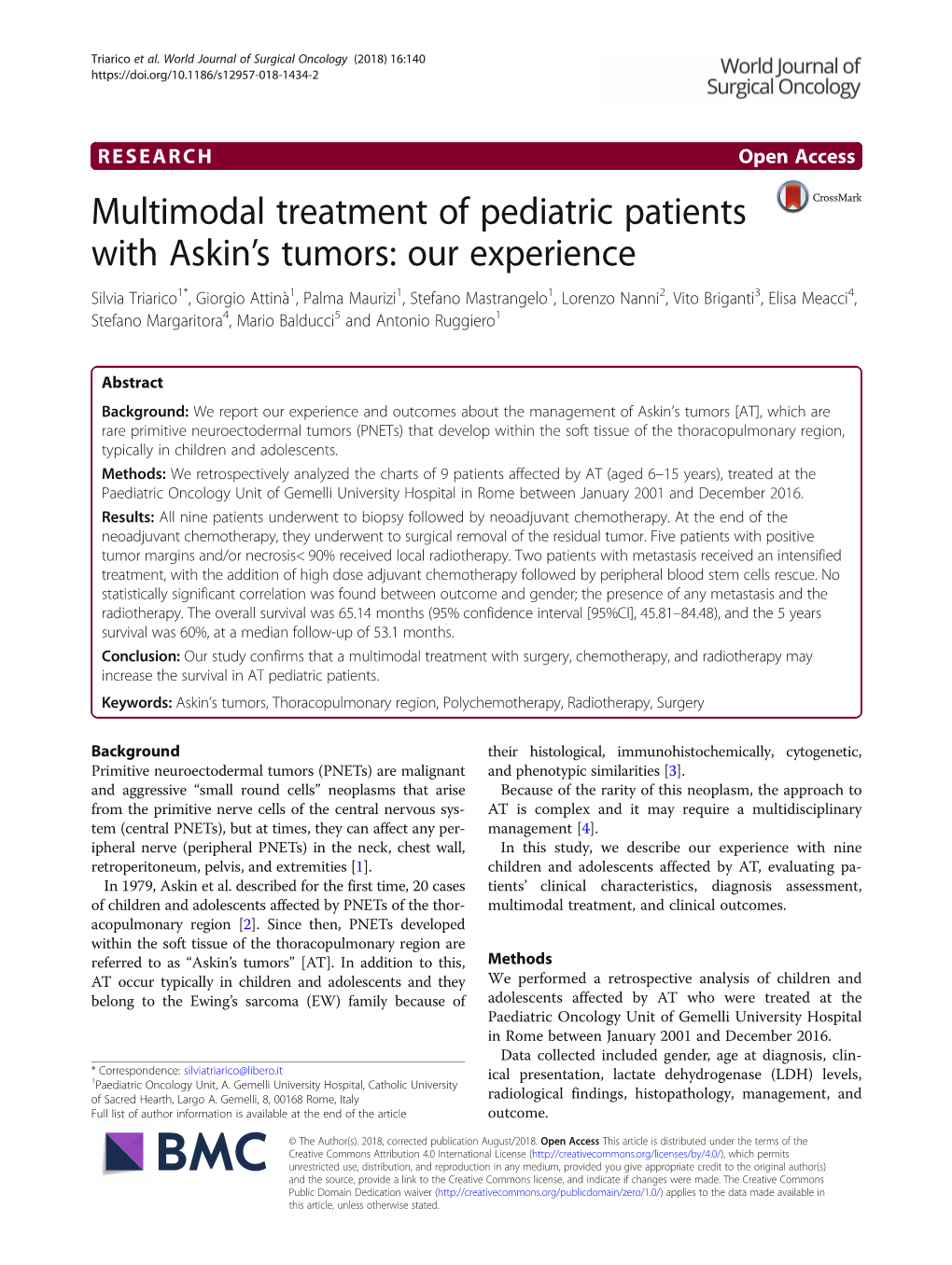 Multimodal Treatment of Pediatric Patients with Askin's Tumors