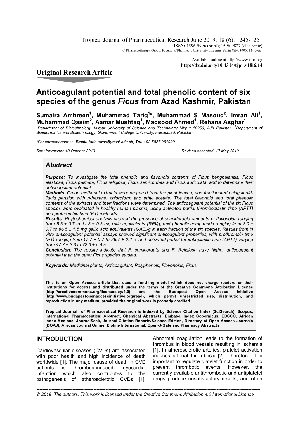 Anticoagulant Potential and Total Phenolic Content of Six Species of the Genus Ficus from Azad Kashmir, Pakistan