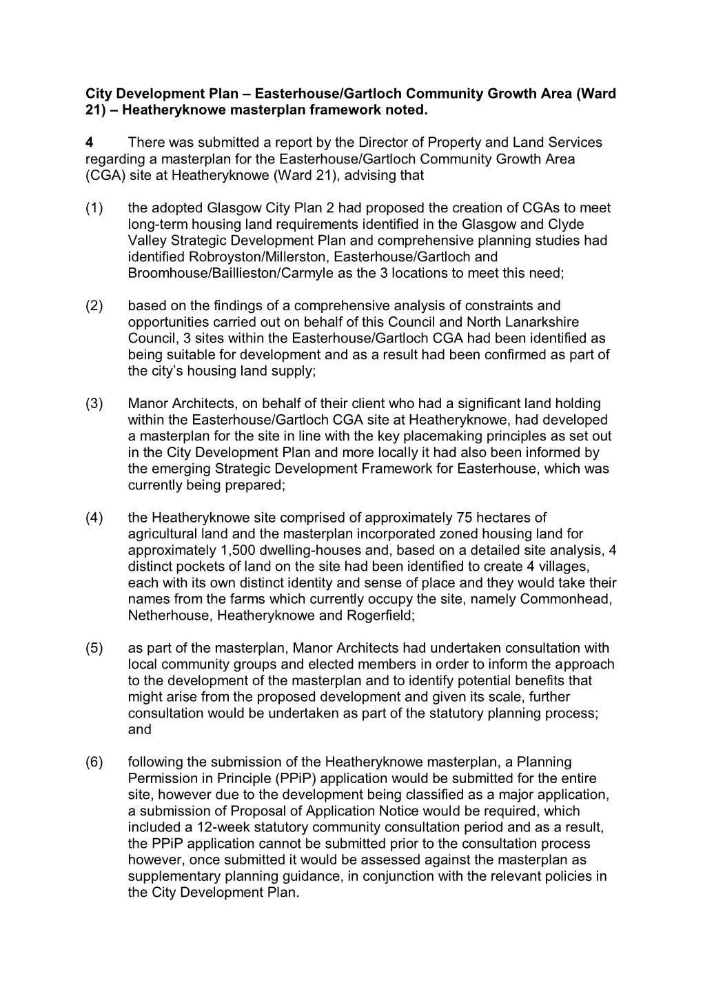 City Development Plan – Easterhouse/Gartloch Community Growth Area (Ward 21) – Heatheryknowe Masterplan Framework Noted