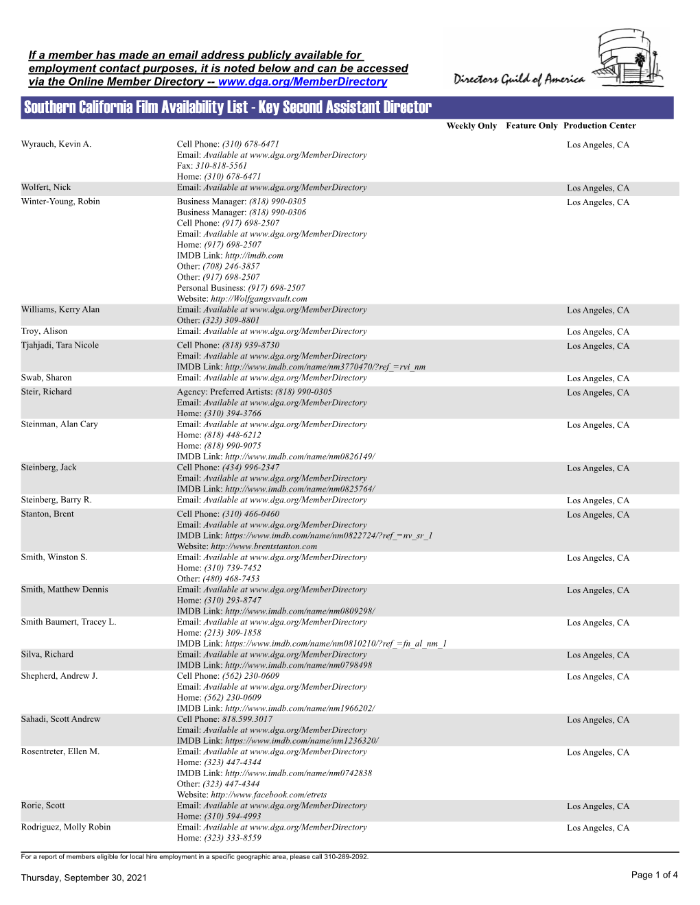 Southern California Film Availability List - Key Second Assistant Director Weekly Only Feature Only Production Center