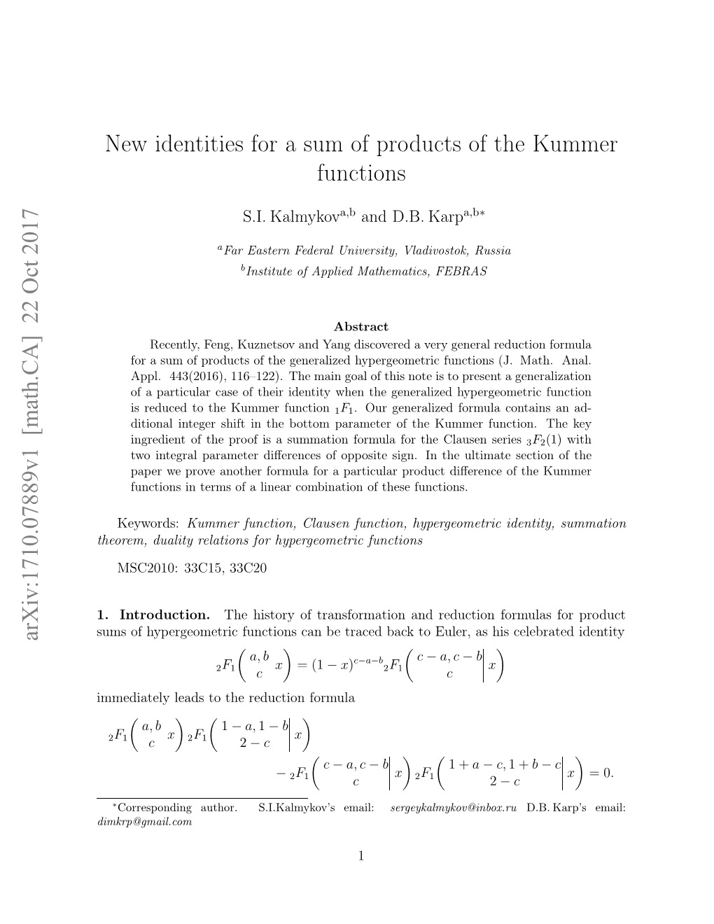 New Identities for a Sum of Products of the Kummer Functions