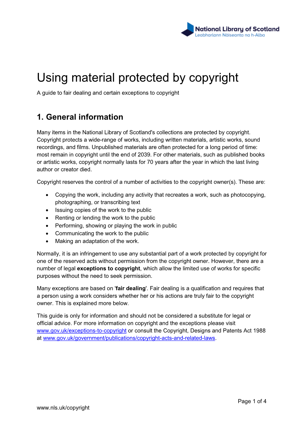 Using Material Protected by Copyright a Guide to Fair Dealing and Certain Exceptions to Copyright