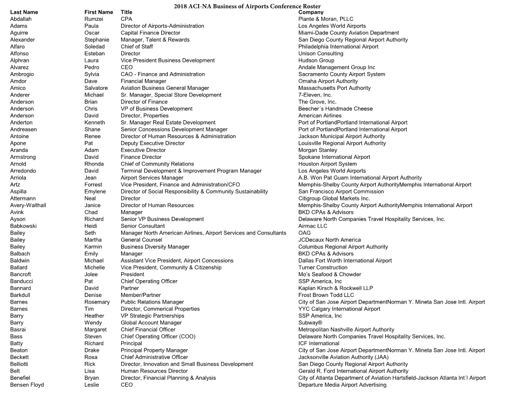 2018 ACI-NA Business of Airports Conference Roster