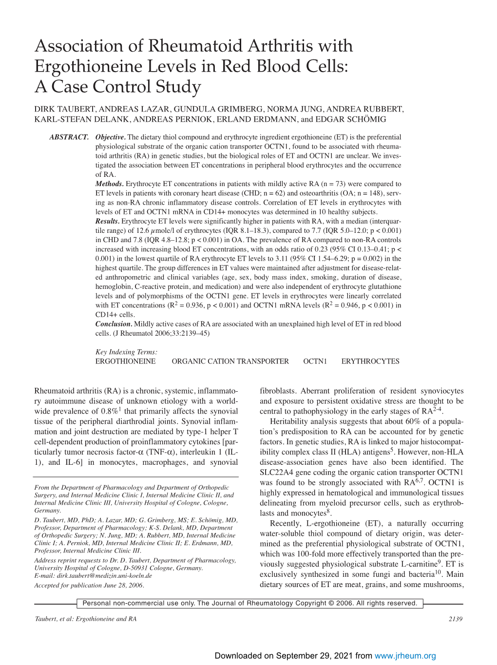 Association of Rheumatoid Arthritis with Ergothioneine Levels in Red Blood Cells: a Case Control Study