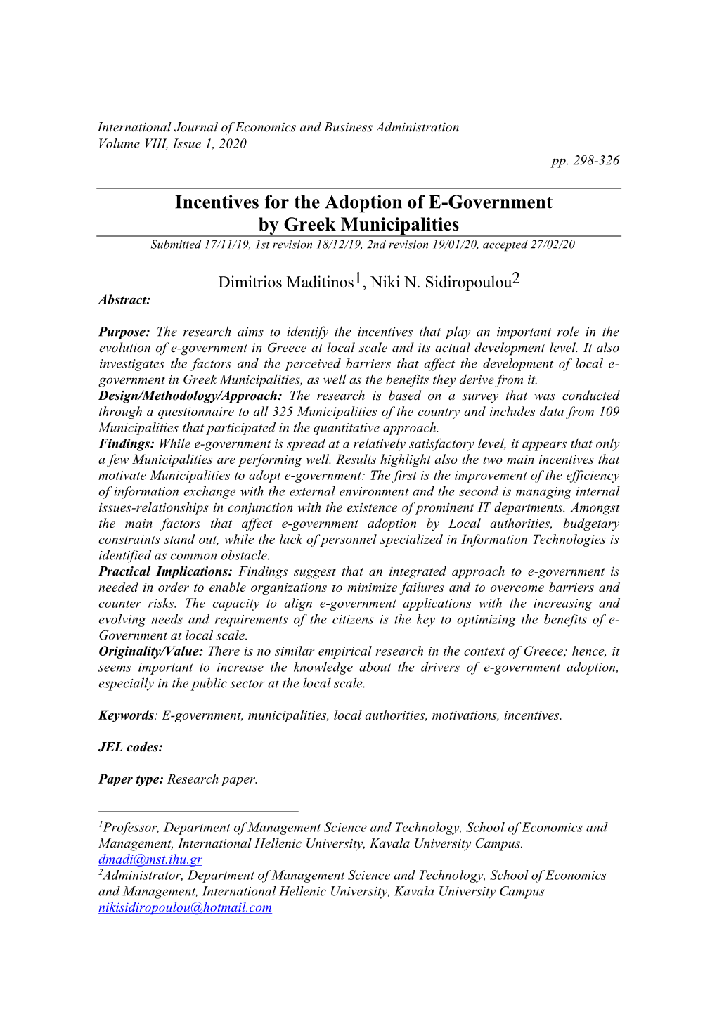 Incentives for the Adoption of E-Government by Greek Municipalities Submitted 17/11/19, 1St Revision 18/12/19, 2Nd Revision 19/01/20, Accepted 27/02/20