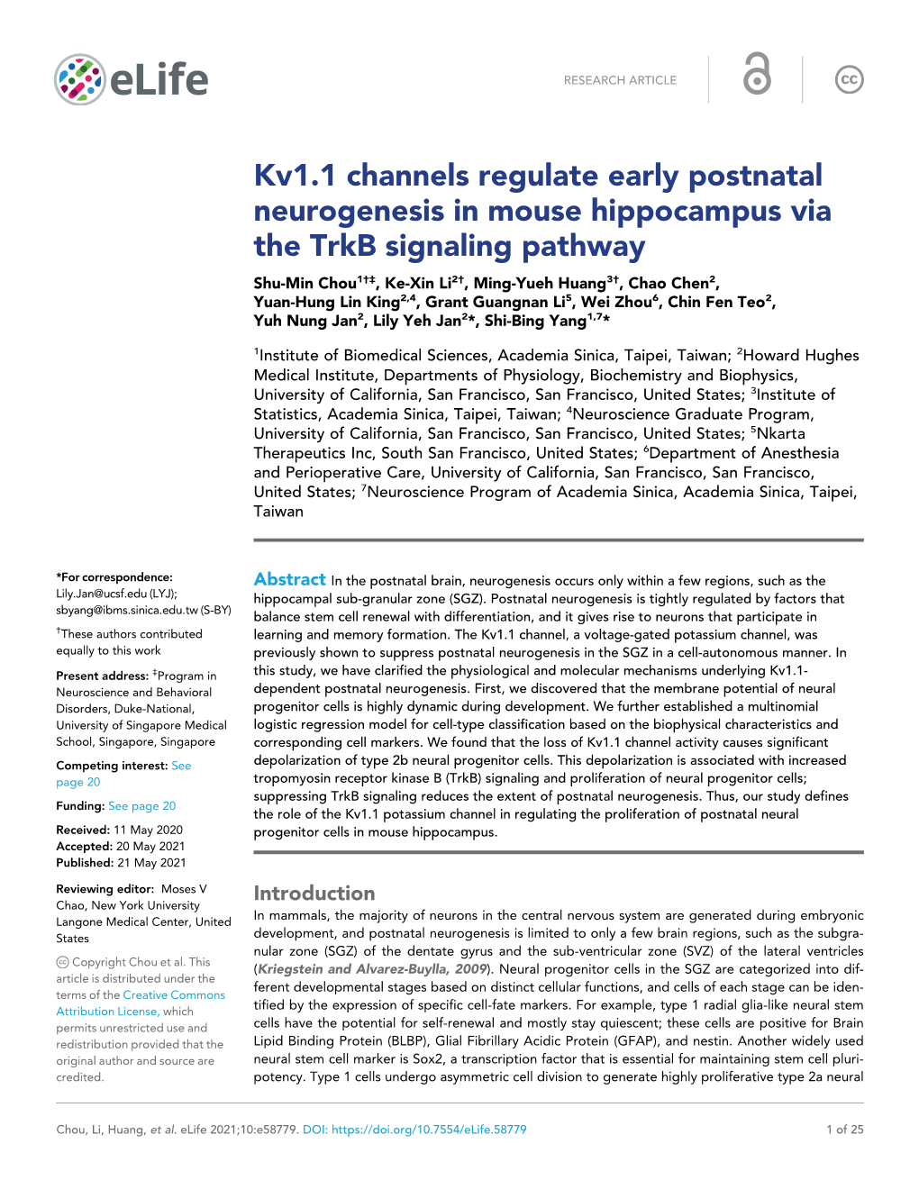 Kv1.1 Channels Regulate Early Postnatal Neurogenesis in Mouse Hippocampus Via the Trkb Signaling Pathway