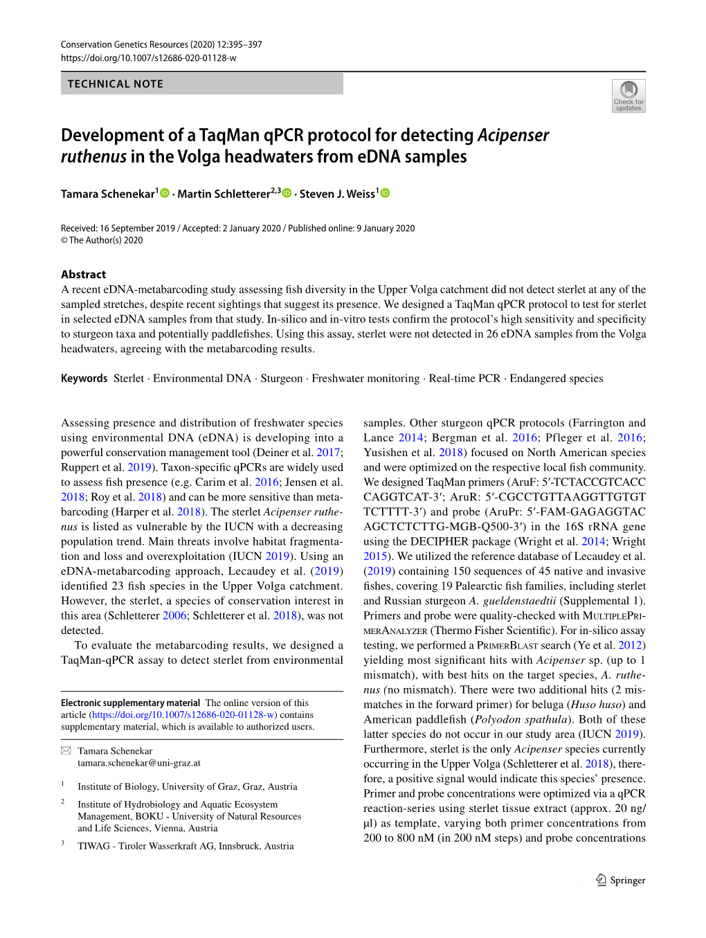 Development of a Taqman Qpcr Protocol for Detecting Acipenser Ruthenus in the Volga Headwaters from Edna Samples