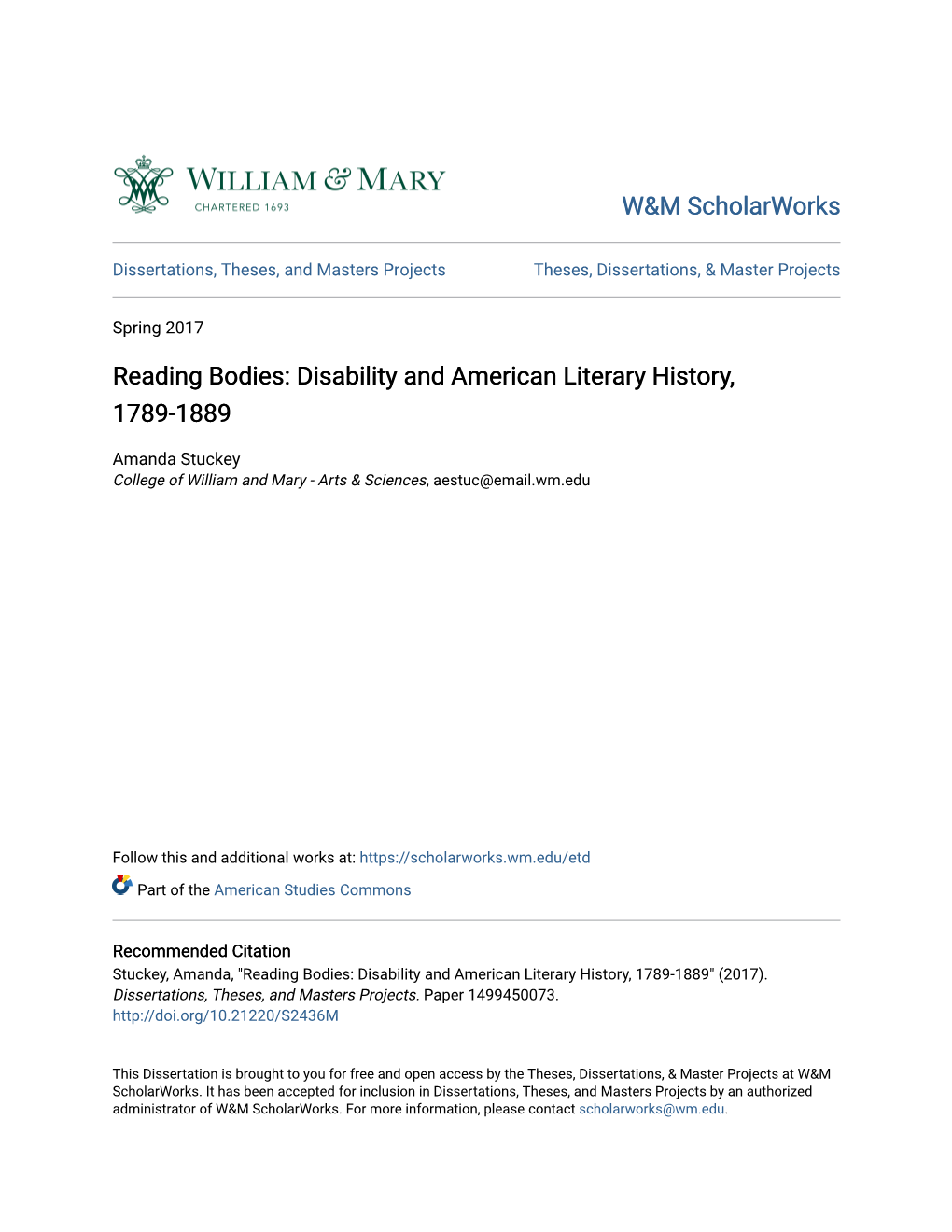 Disability and American Literary History, 1789-1889