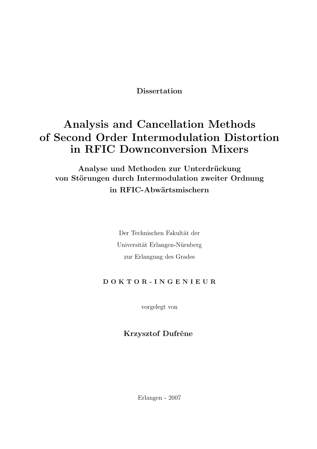 Analysis and Cancellation Methods of Second Order Intermodulation Distortion in RFIC Downconversion Mixers