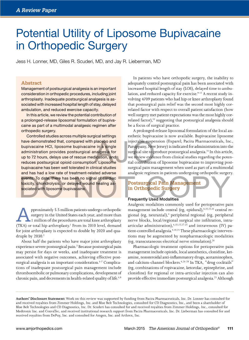 Potential Utility of Liposome Bupivacaine in Orthopedic Surgery