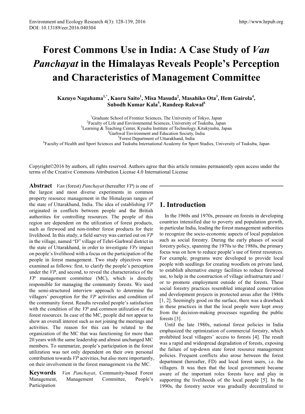 Forest Commons Use in India: a Case Study of Van Panchayat in the Himalayas Reveals People’S Perception and Characteristics of Management Committee