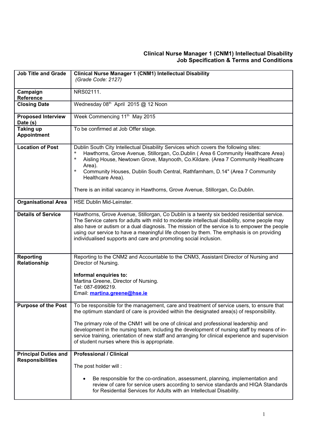 Draft Job Specification for CMN I