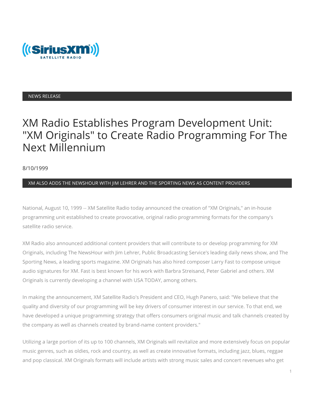 XM Radio Establishes Program Development Unit: "XM Originals" to Create Radio Programming for the Next Millennium