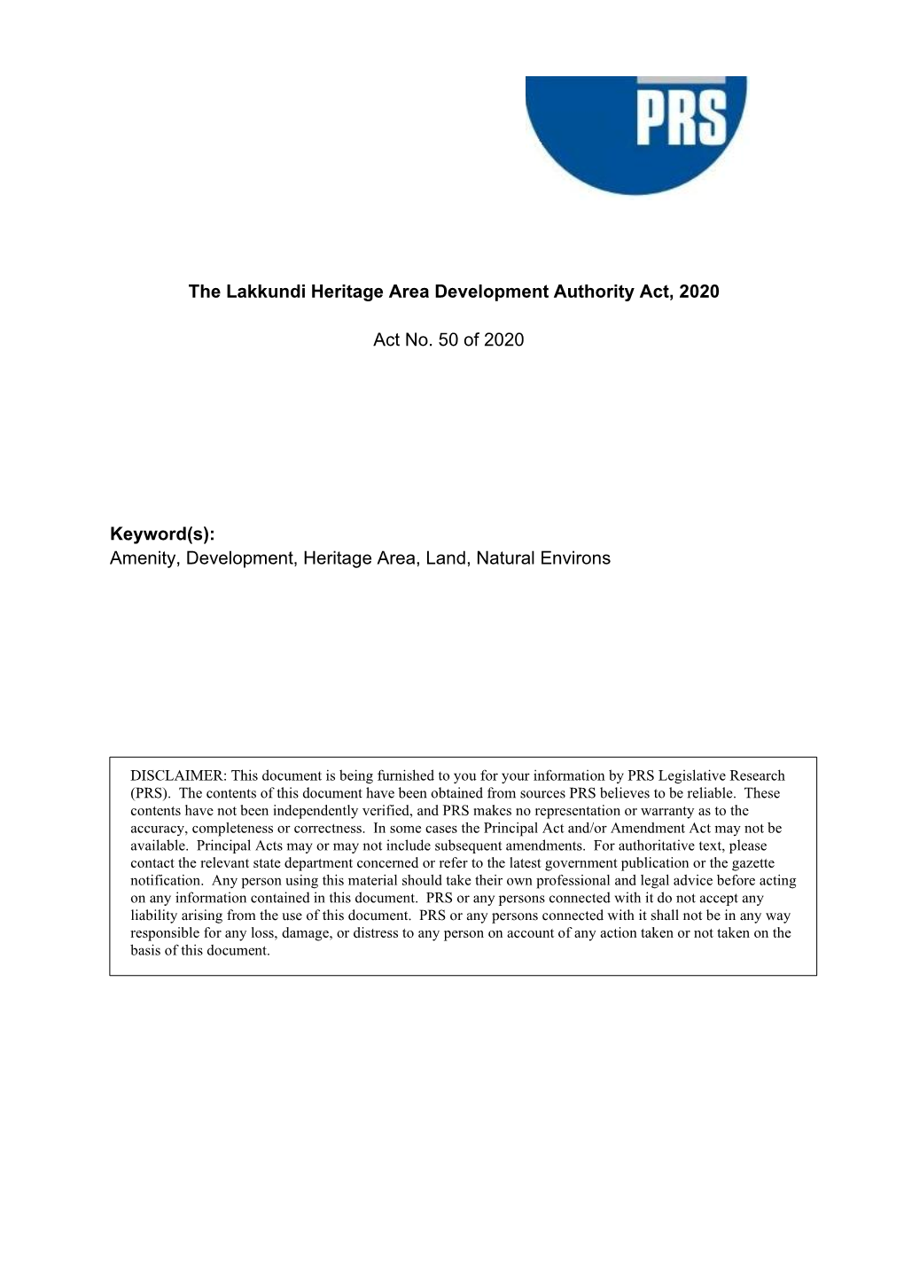 The Lakkundi Heritage Area Development Authority Act, 2020
