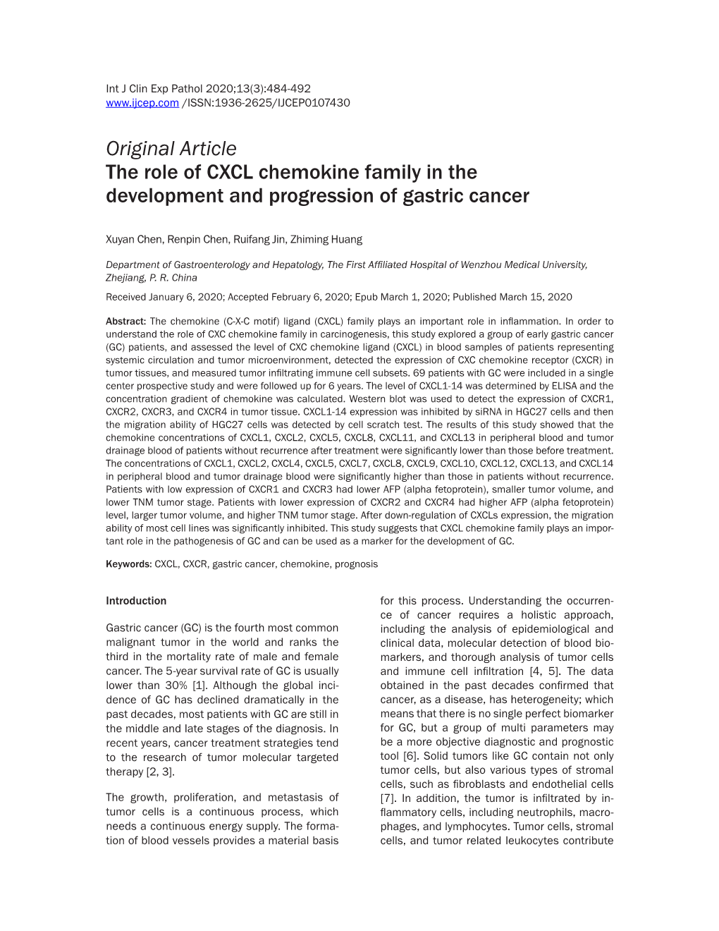 Original Article the Role of CXCL Chemokine Family in the Development and Progression of Gastric Cancer