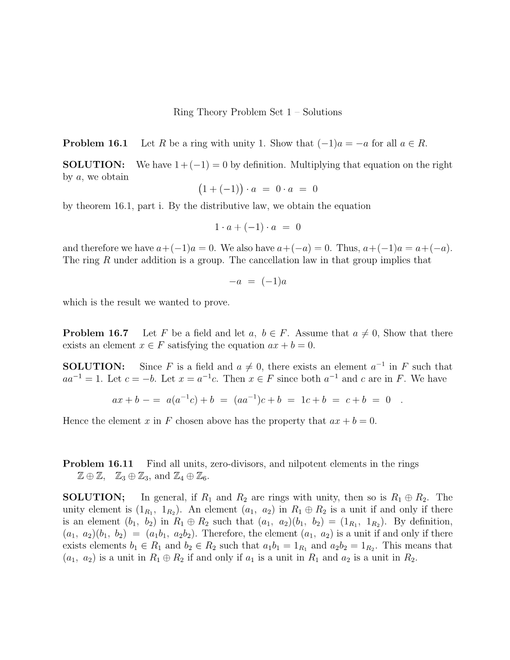 Solutions Problem 16.1 Let R Be a Ring with Unity 1. Show That